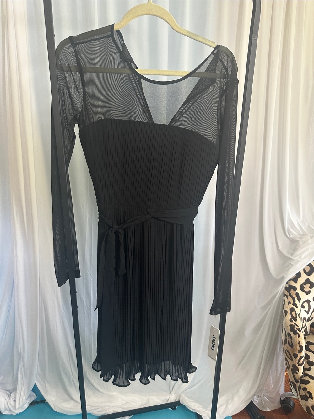 DKNY Black Sheer Long-Sleeve Pleated Midi Dress with Tie Waist